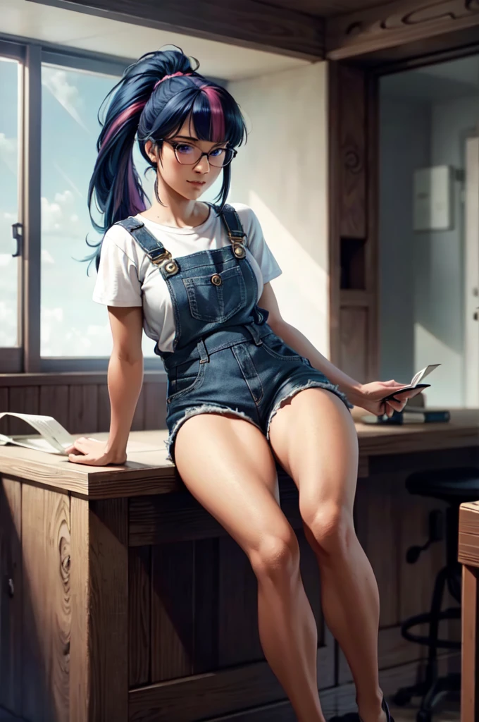 Masterpiece, Ultra-detailed Realistic TwilightHuman, 1girl, Solo, Insane Detail, 8k Resolution, long blue hair, purple eyes, glasses, blunt bangs, Ponytail hair style, Hair pulled back, full body, Detailed realistic face, plain background, overalls, shorts, shirt, toolbelt