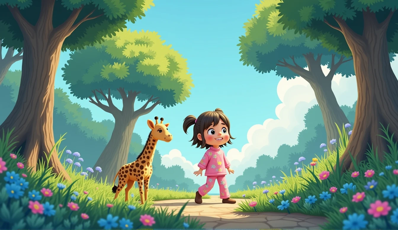 sad hare sits under the tree, There's a small plush giraffe standing next to a little cartoon girl in pink pajamas.