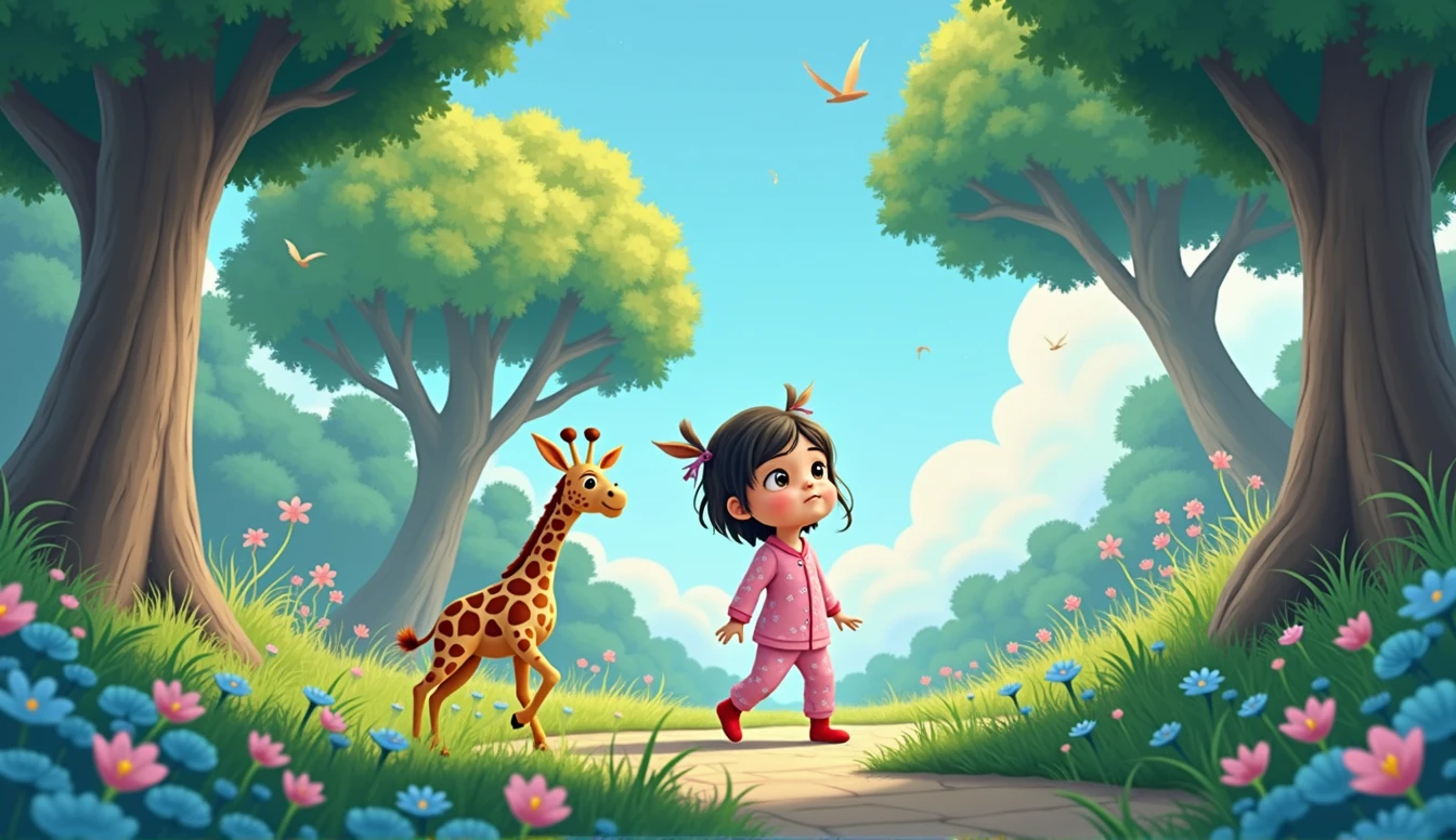 sad hare sits under the tree, There's a small plush giraffe standing next to a little cartoon girl in pink pajamas.