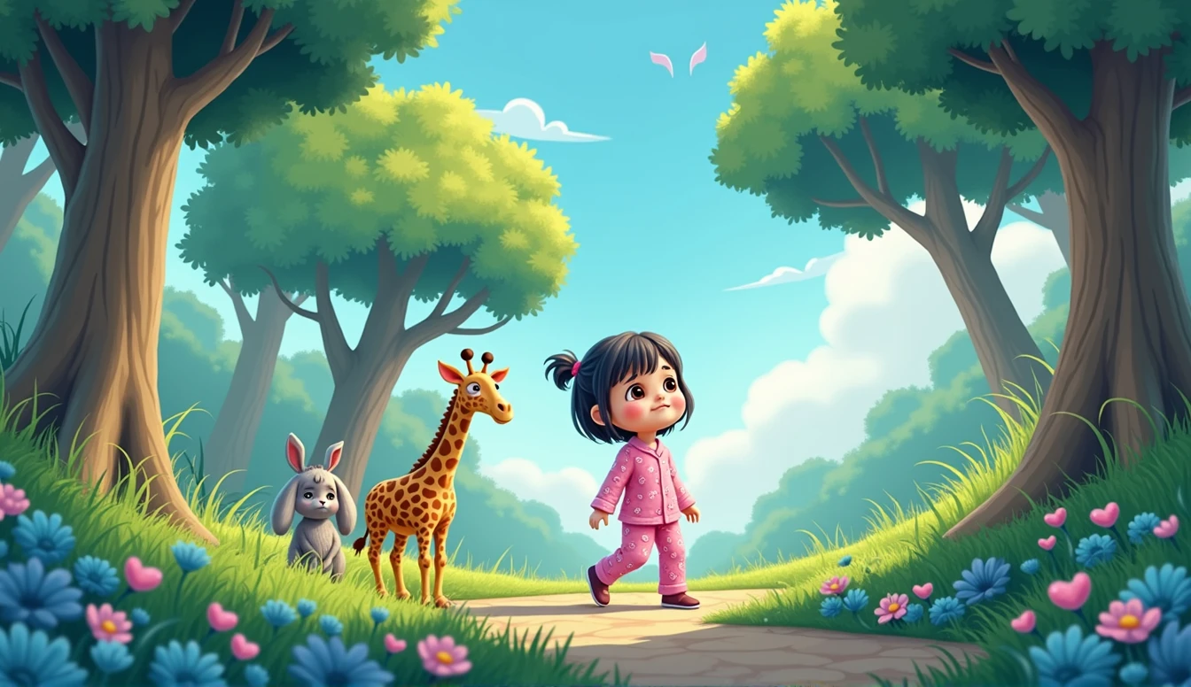 sad hare sits under the tree, There's a small plush giraffe standing next to a little cartoon girl in pink pajamas.