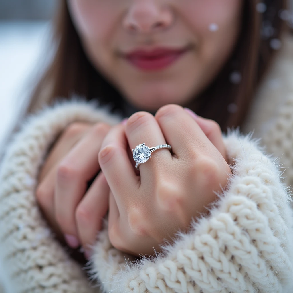 Korea lady got proposal in the snow with close up solitaire 4prong ring