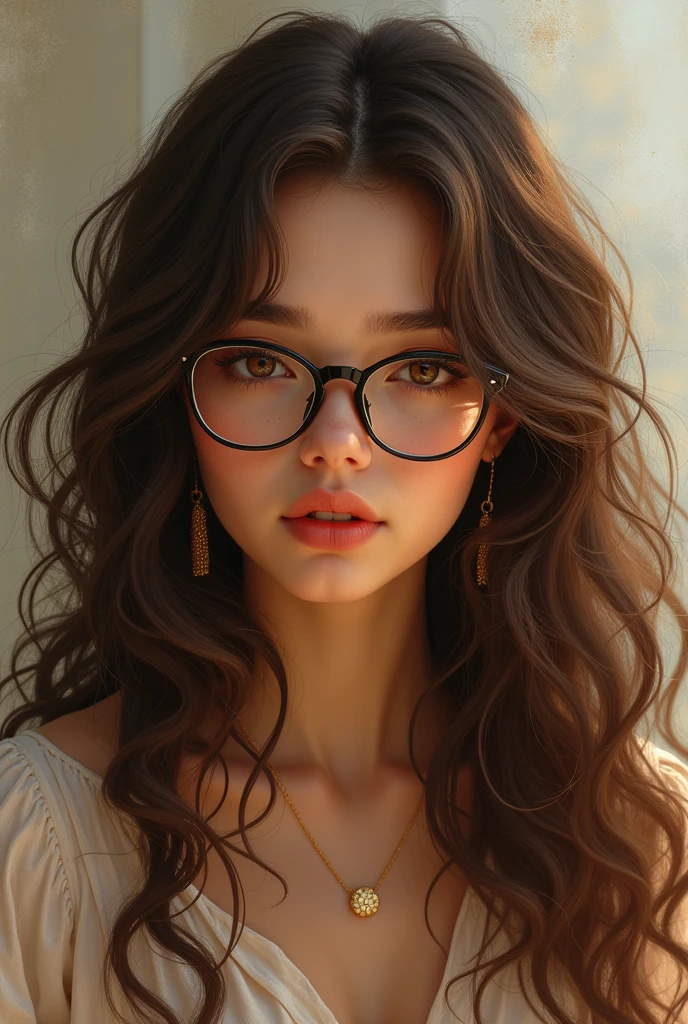 one with wavy brown hair and big loose curls, brown eyes and wears glasses