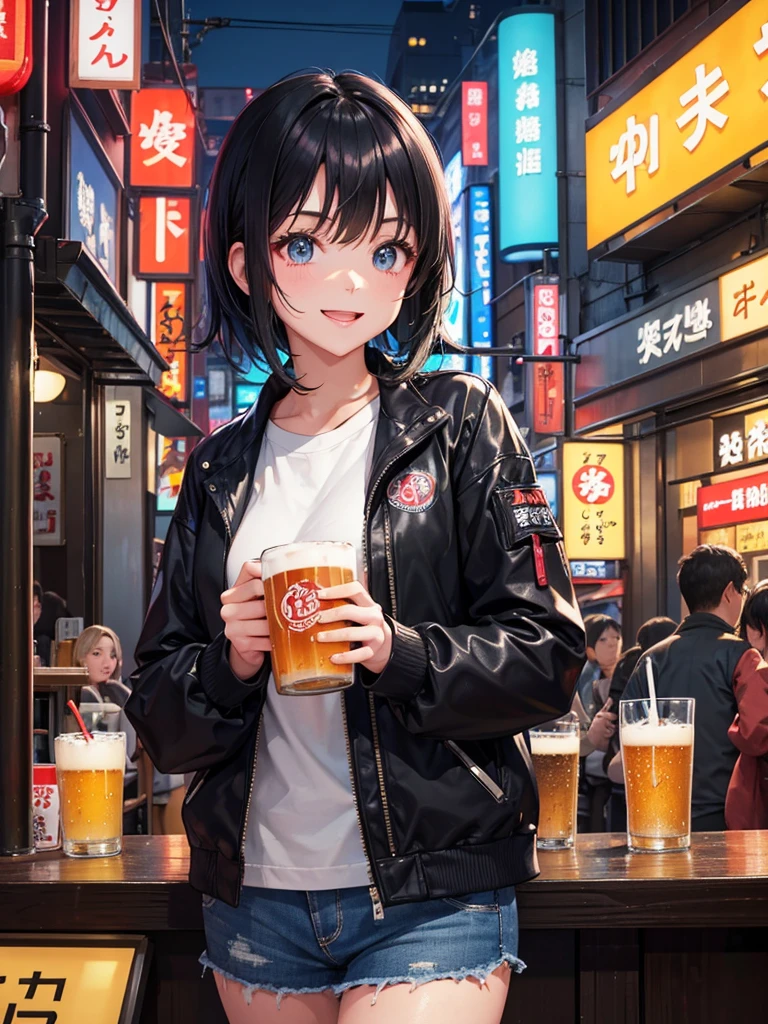 High resolution,Perfect Anatomy,Accurate anatomy,1 person ,Trending Hair,Trending Hair color,トレンドTシャツ
In a futuristic city of Tokyo, inside a cozy and modern izakaya, a joyful girl is holding a frosty mug of draft beer with both hands. She is laughing brightly, her face glowing with happiness. Neon lights from the cityscape and vibrant signs of the izakaya reflect off the glass windows. The girl has short black hair, styled neatly, and is wearing a casual outfit with a slight futuristic twist – like a sleek jacket and glowing accessories. The atmosphere around her is warm, lively, and full of cheer.