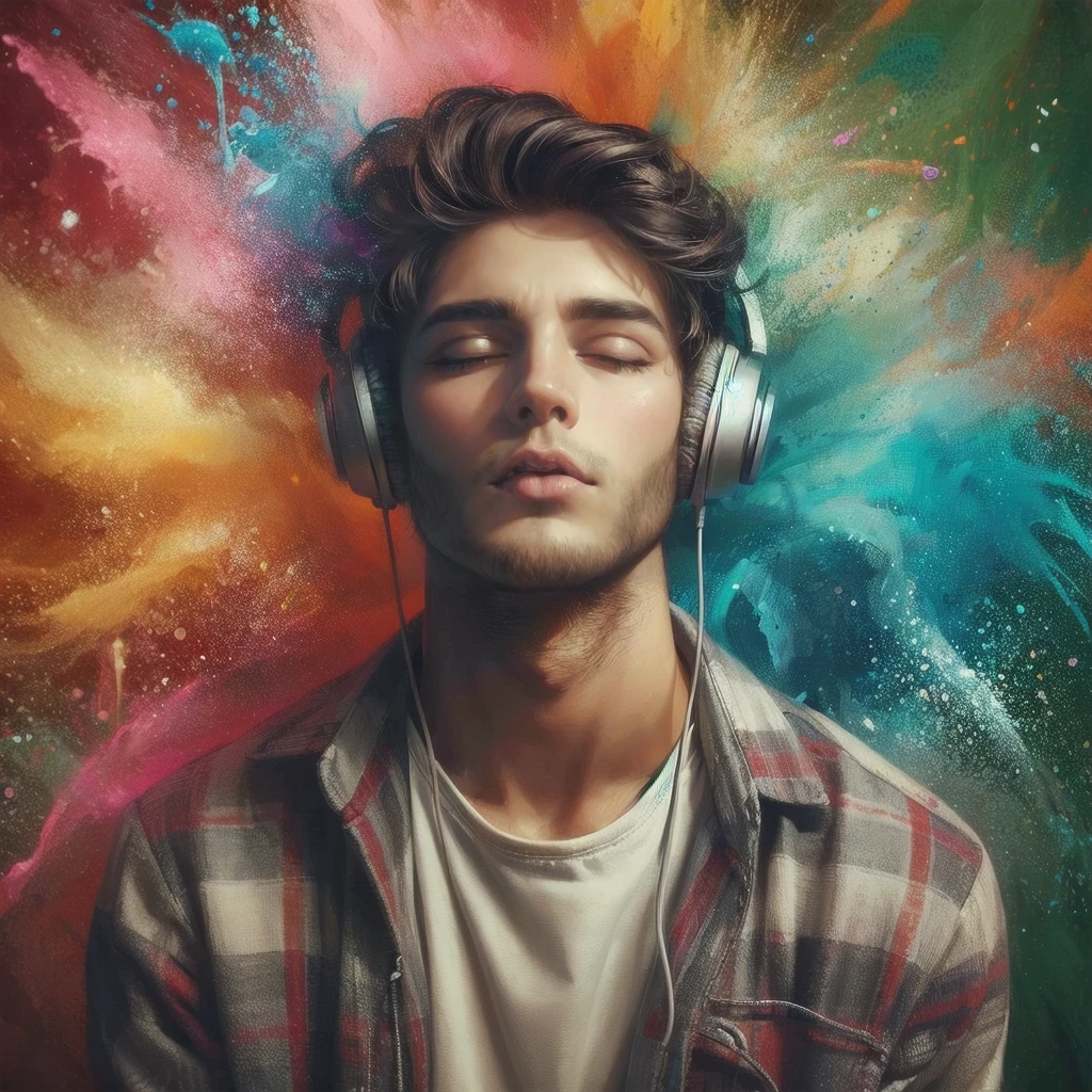 a person listening to music, psychedelic background, detailed face, detailed eyes, detailed lips, beautiful woman, long hair, headphones, colorful abstract patterns, vibrant colors, trippy, surreal, digital art, 8k, highly detailed, photorealistic, masterpiece