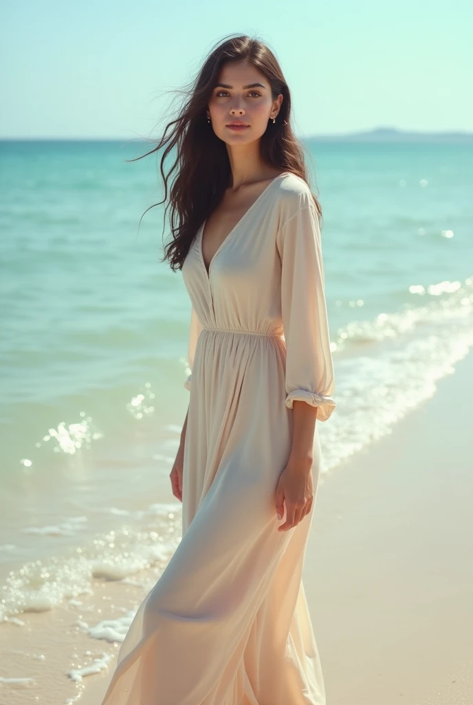 A 25 years woman who looks like Ayeza Khan, with fair skin, hazel eyes, and charming dimples, is standing on a beach. She is wearing a stylish, modest Western dress with no skin showing, and she is gently dipping her feet into the water. The background features a serene beach scene with gentle waves lapping at the shore and a clear, sunny sky."