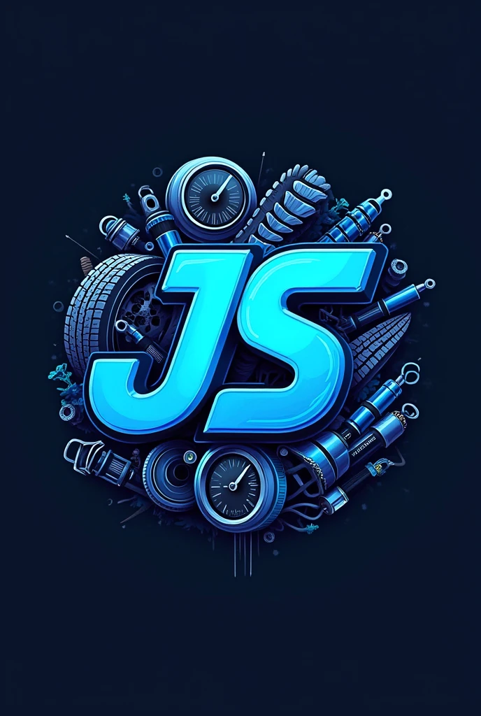 Logo named "JS MOTO TRADING ", color blue, background are motor part like tires, odo meter, headlights, shock