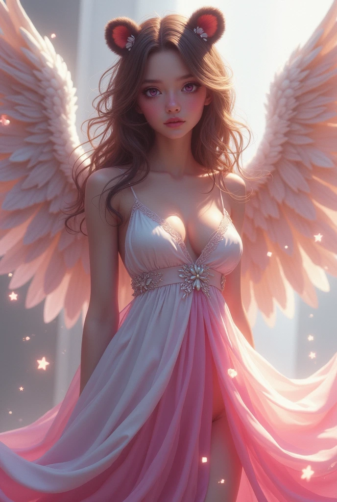 A girl with bear ears,The color of her hair is brown,the eyes are dark purple and bright,with a beautiful dress with pink at the bottom and white at the top and with angel wings and very large breasts