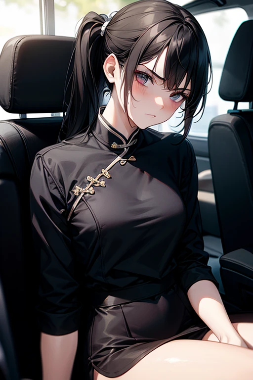 One person, High resolution, High resolution, masterpiece, Anatomically correct, accurate, Winner of numerous awards, Textured skin, Retina, Black Hair, Split Ponytail, Slim Body,Slanted Eyes, Contempt/angry gaze, Wide-angle shot, Barrette, Anaglyph, Unreal Engine, Black Mini Cheongsam,Rear seats of a minivan