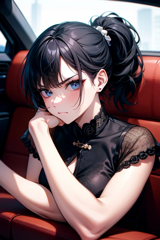 One person, High resolution, High resolution, masterpiece, Anatomically correct, accurate, Winner of numerous awards, Textured skin, Retina, Black Hair, Split Ponytail, Slim Body,Slanted Eyes, Contempt/angry gaze, Wide-angle shot, Barrette, Anaglyph, Unreal Engine, Black Mini Cheongsam,Rear seats of a minivan