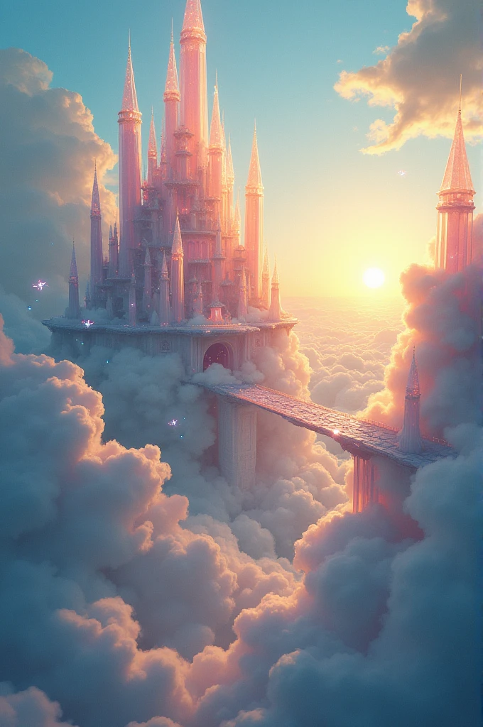 "A magical kingdom floating on top of fluffy, white clouds. The sky is a soft pastel blue, with a golden sun casting a warm glow over the kingdom. Towers made of sparkling crystals rise above the clouds, and shimmering bridges connect them. Tiny, glowing fairies can be seen flying around, adding to the enchantment of the scene."