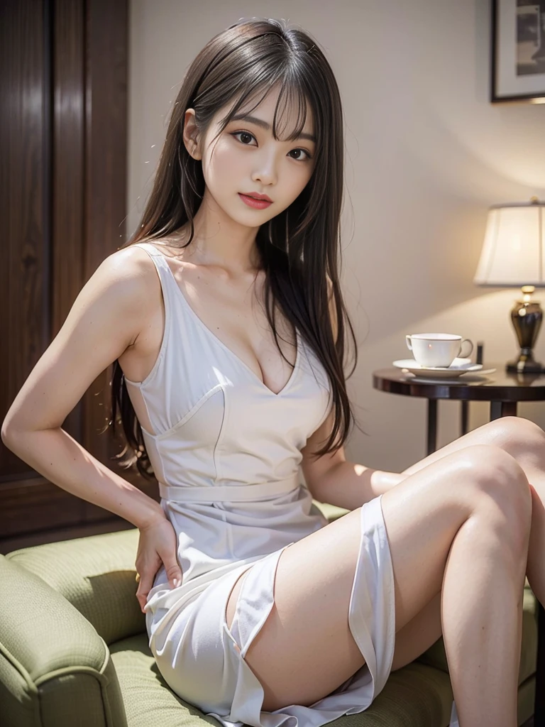 Hotel café、Afternoon tea、Trying to drink tea from ceramic ware、A slim 25-year-old Japanese woman、Baby Face、Semi-long hair、Glossy black hair、White dress、sitting in the lounge、modest bust size、