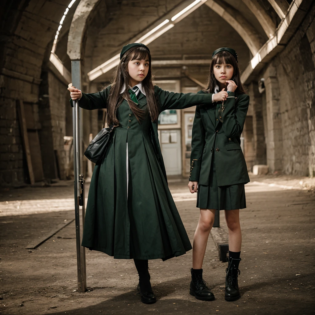 A 12 year old girl who is dressed in a Slytherin uniform from harry potter