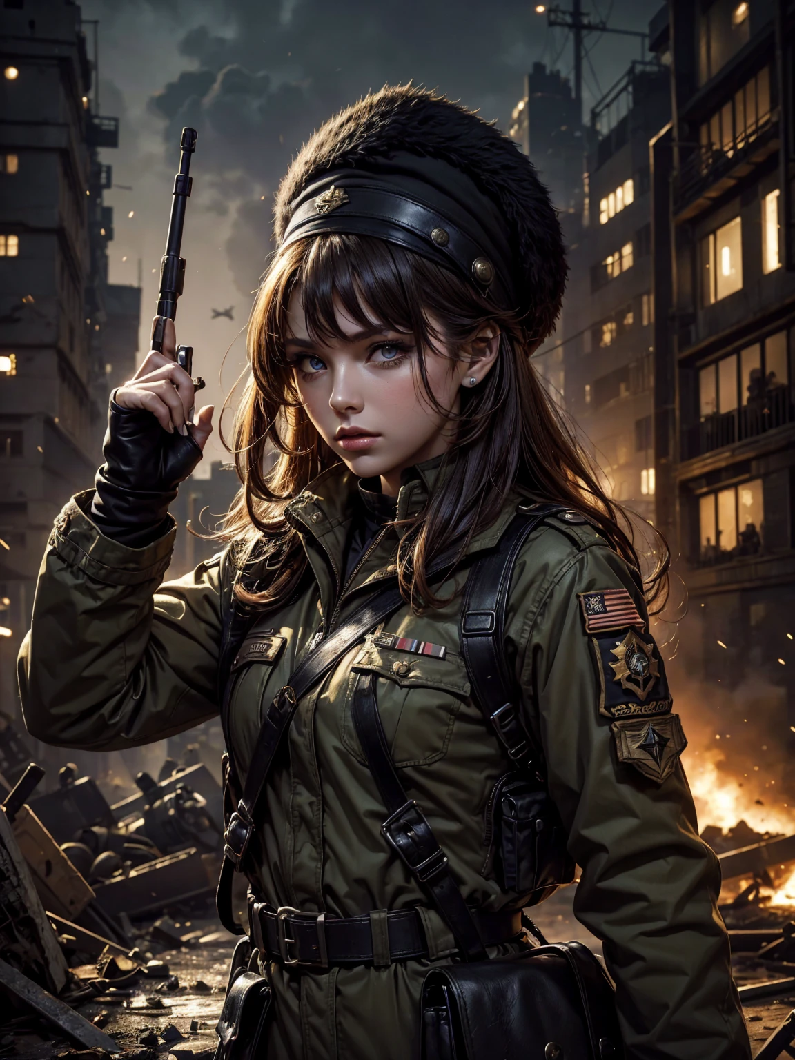 (Name: Reina Parker), Pretty 1.2, Beautiful Eyes, Using World war 2 American Army Outfit, Dark Night Battlefield Background, Dirty Outfit and body, Apocalypse World