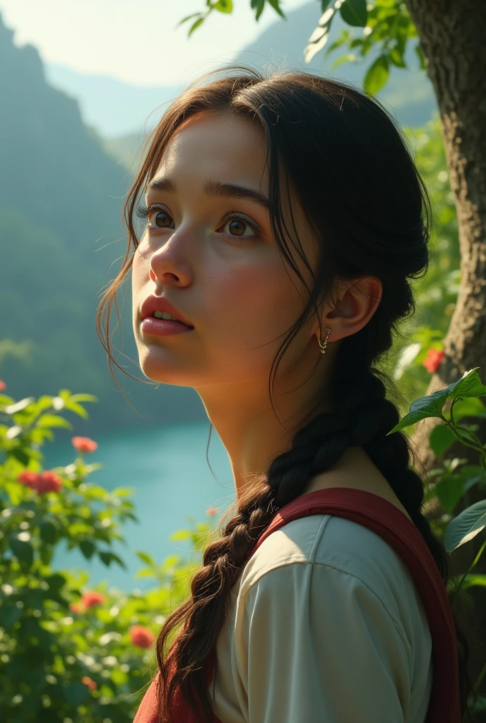 A distracted woman looking sideways at nature