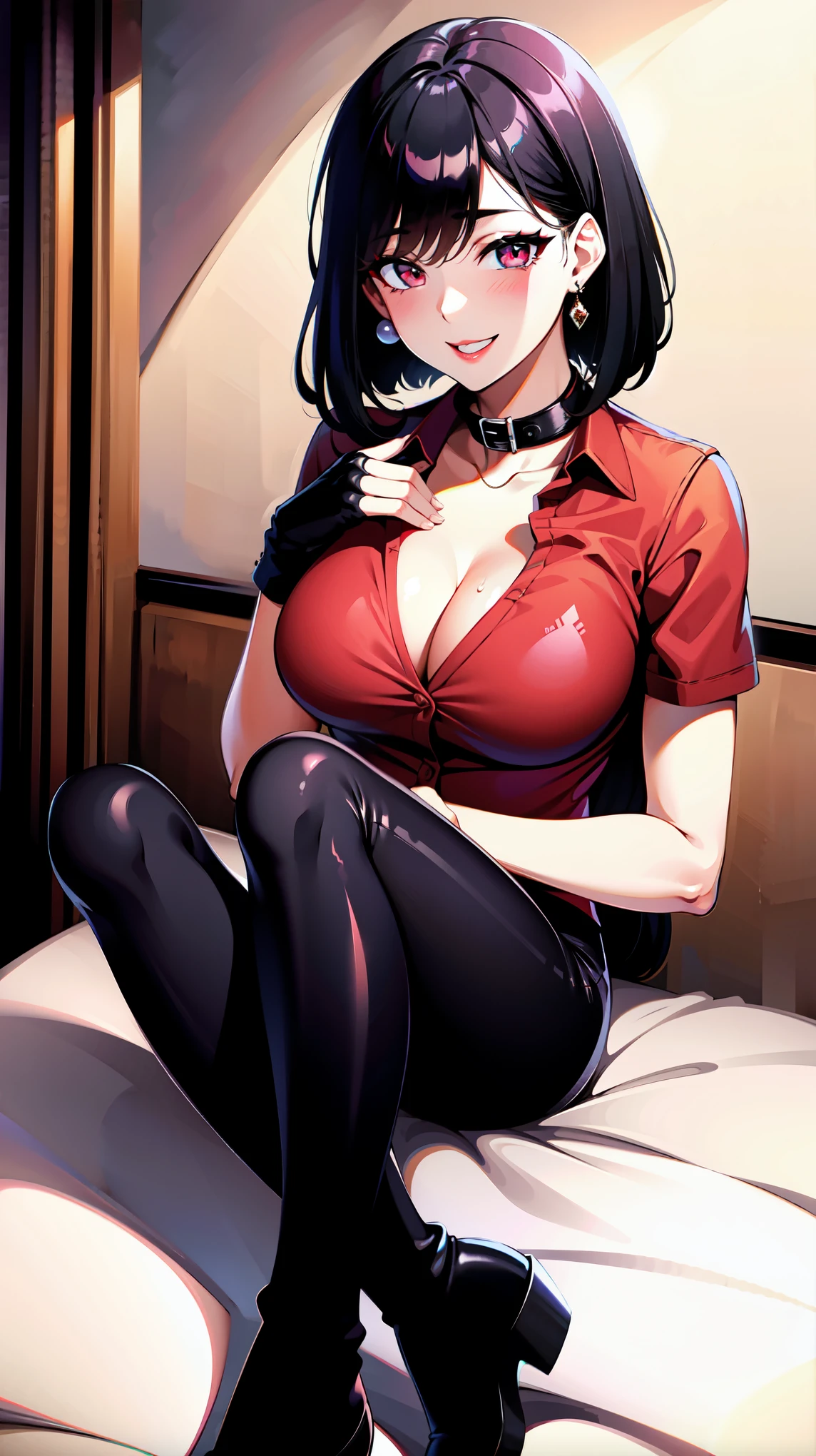 ((super high quality,Ultra-high resolution,4K,8k,super masterpiece,Ultra HD))Dimly lit room,((One sexy woman,)),((Red collared shirt,Roll up the sleeves to the elbows.,Black long gloves,Black pants with a glossy finish,Black long boots),A tight collar that was raised,),Black hair straight bob,Sharp Eyes,Open chest,Cleavage,smile,Pearl Earrings,
