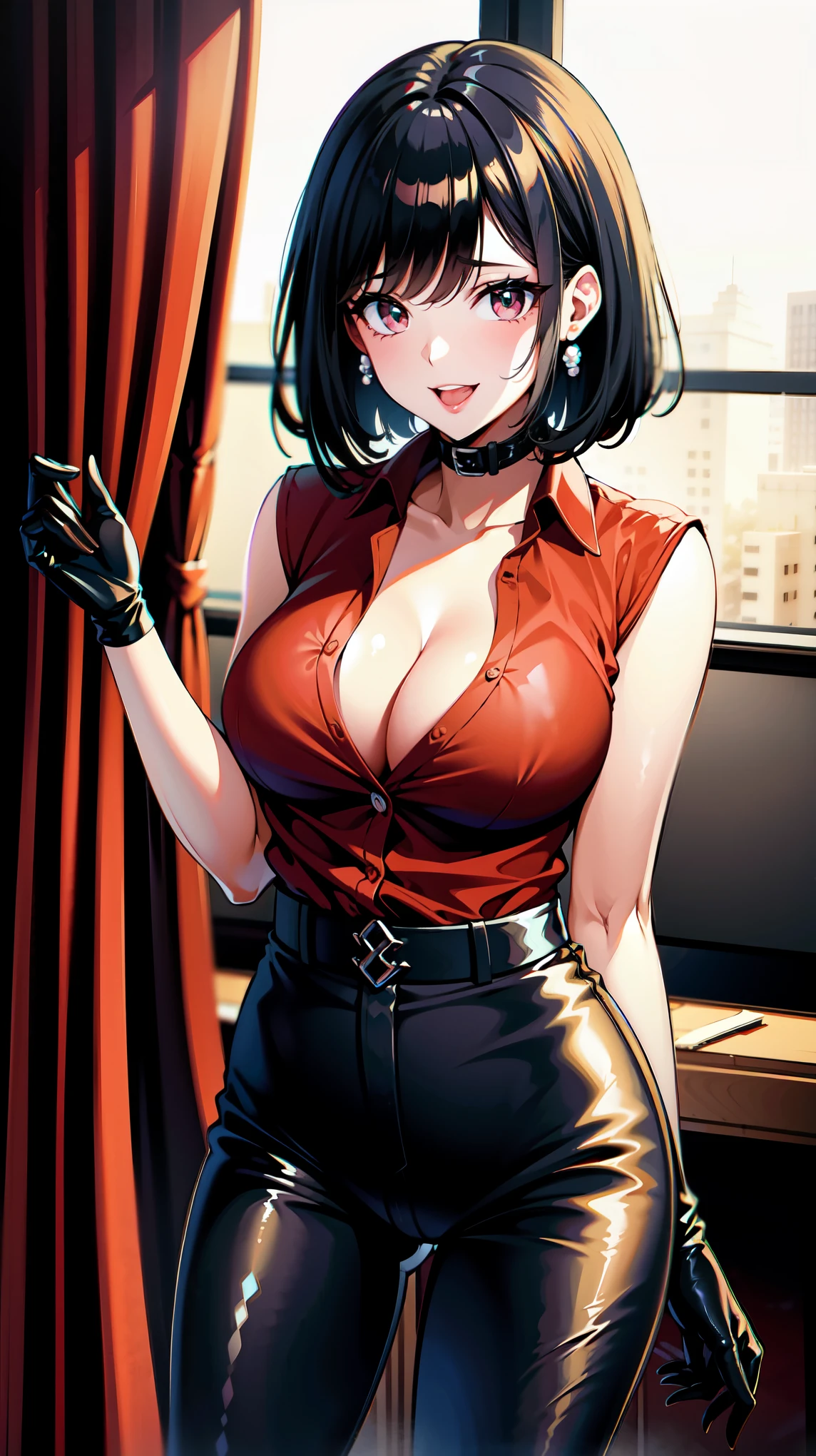 （（super high quality,Ultra-high resolution,4K,8k,super masterpiece,Ultra HD））Dimly lit room,（（One sexy woman,））,（（Red collared shirt,Roll up the sleeves to the elbows.,Black long gloves,Black pants with a glossy finish,Black long boots）,A tight collar that was raised,）,Black hair straight bob,Sharp Eyes,Open chest,Cleavage,smile,Pearl Earrings,