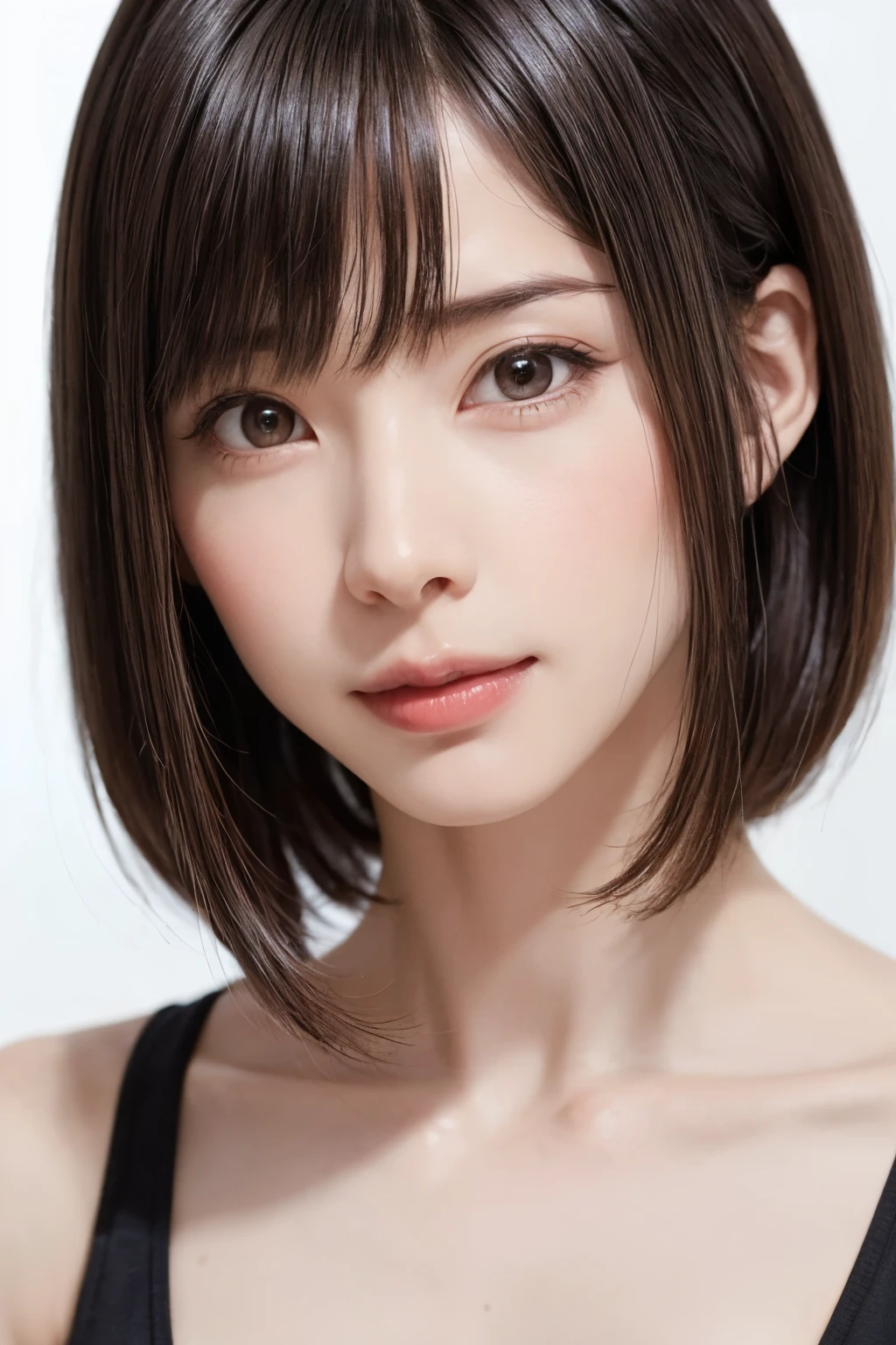 ((masterpiece, Highest quality, High resolution、Realisticですべてが美しく詳細に描かれている)), 1 person, (Realistic: 1.4), alone, White Background, snow-White Background, Mouth closed, smile, smile, Beautiful black hair, short hair, Big eyes, Transparent double eyelids, eyelash, Listen carefully, Long neck, 美しくLong neck, Absolute area, ((Face close-up)), (Draw the whole head, shoulder), 19 years old, Attractive proportions, Glowing Skin, Beautiful clavicle, Golden ratio face, Perfect Face, Teardrop-shaped mole, chestのほくろ, bangs, clean bangs, beautiful bangs, Lip gloss, Thin lips, Fair skin, naked, Big Breasts, {Huge|big|Hugeな|Mega} chest:2, chestの谷間:2,chestの谷間を見せる、Small face, Small face, All the heads are painted, shoulder all drawn, Point slightly above the camera