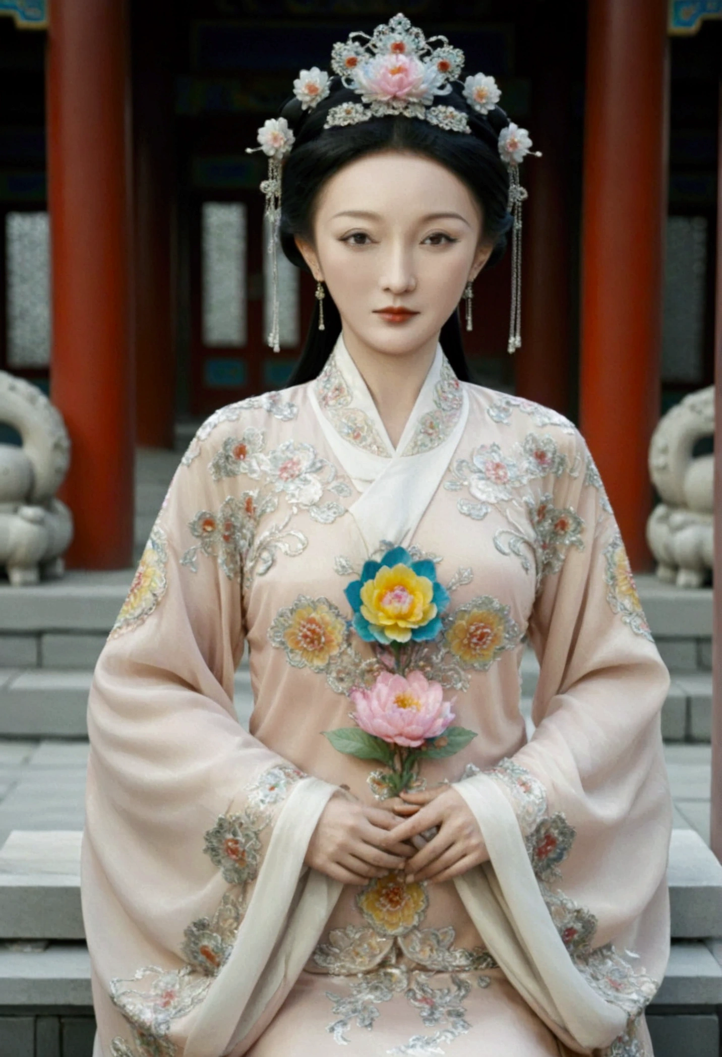 A full-length portrait of the Empress of the Qing Dynasty in a palace during the Qing Dynasty. She is naked and has large breasts.. She is wearing a crown and a flower hairpin.、. The background is the stone paving of a Chinese palace during the Qing Dynasty....