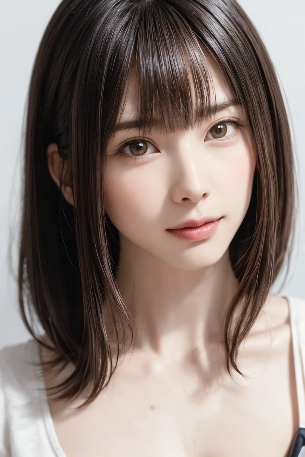 ((masterpiece, Highest quality, High resolution、Realisticですべてが美しく詳細に描かれている)), 1 person, (Realistic: 1.4), alone, White Background, snow-White Background, Mouth closed, smile, smile, Beautiful black hair, short hair, Big eyes, Transparent double eyelids, eyelash, Listen carefully, Long neck, 美しくLong neck, Absolute area, ((Face close-up)), (Draw the whole head, shoulder), 19 years old, Attractive proportions, Glowing Skin, Beautiful clavicle, Golden ratio face, Perfect Face, Teardrop-shaped mole, chestのほくろ, bangs, clean bangs, beautiful bangs, Lip gloss, Thin lips, Fair skin, naked, Big Breasts, {Huge|big|Hugeな|Mega} chest:2, chestの谷間:2,chestの谷間を見せる、Small face, Small face, All the heads are painted, shoulder all drawn, Point slightly above the camera