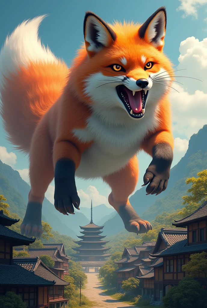 Fierce giant nine-tailed fox roar at a traditional wooden japanese village. The fox has orange fur and nine tails.