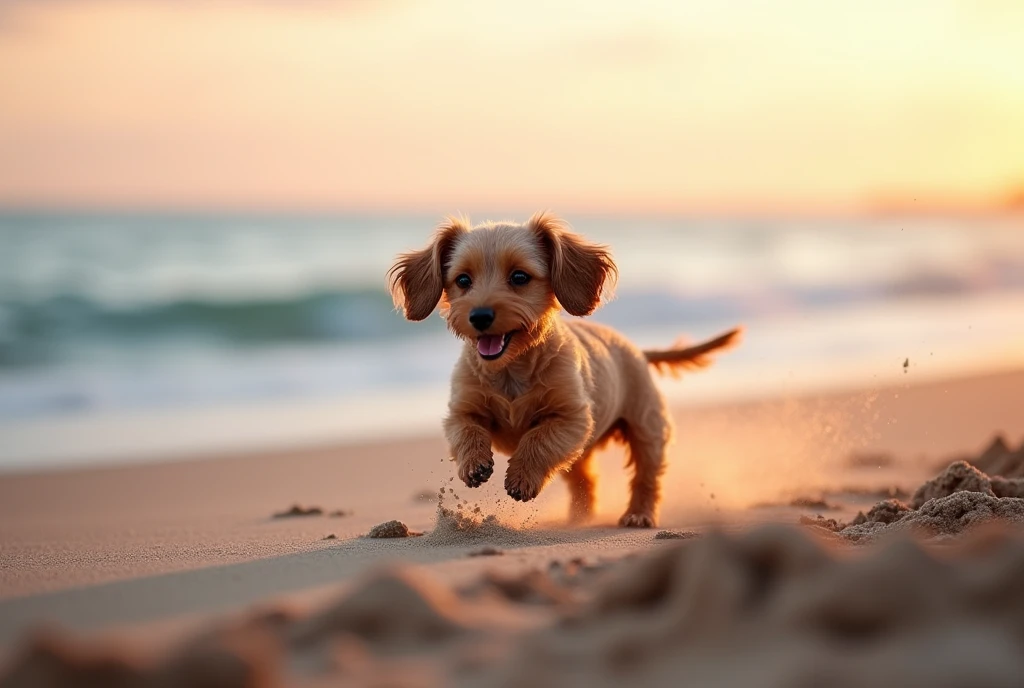 A joyful small wire-haired dachshund with curly fur bounds enthusiastically through the warm sandy shore, its tiny legs moving swiftly as it leaps from one pile of sand to another. Framing: Medium shot, capturing the dachshund's energetic movement and interaction with the beach environment. Lighting: Soft golden hour light casts a warm glow on the scene, highlighting the dog's fluffy fur and the sandy terrain. Composition: The camera follows the dachshund as it plays in the sand, creating a sense of dynamism and joy. Pose/Action: The dachshund leaps and bounds through the sand, its tail wagging furiously as it chases after imaginary prey. Location: A serene beachside setting with vast blue waters stretching out to meet the horizon, where the evening sky transitions from pink to orange hues.