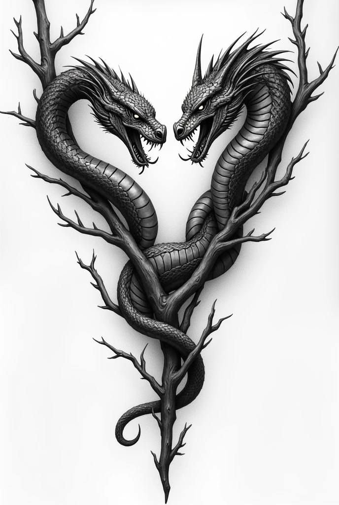 Tattoo design where on the left side of the collarbone a snake is winding around branches coming from above and hissing where you can see fangs and on the right a baby dragon with wings which also winds around branches from above and hisses where you can see teeth, the whole thing in black and white. 