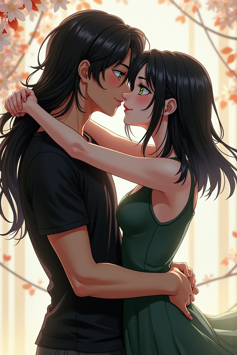 2 people, boy, very beautiful, long black hair, beautiful body, Black T-shirt, black trousers, grey eyes, kisses a girl with shoulder-length black hair and green eyes