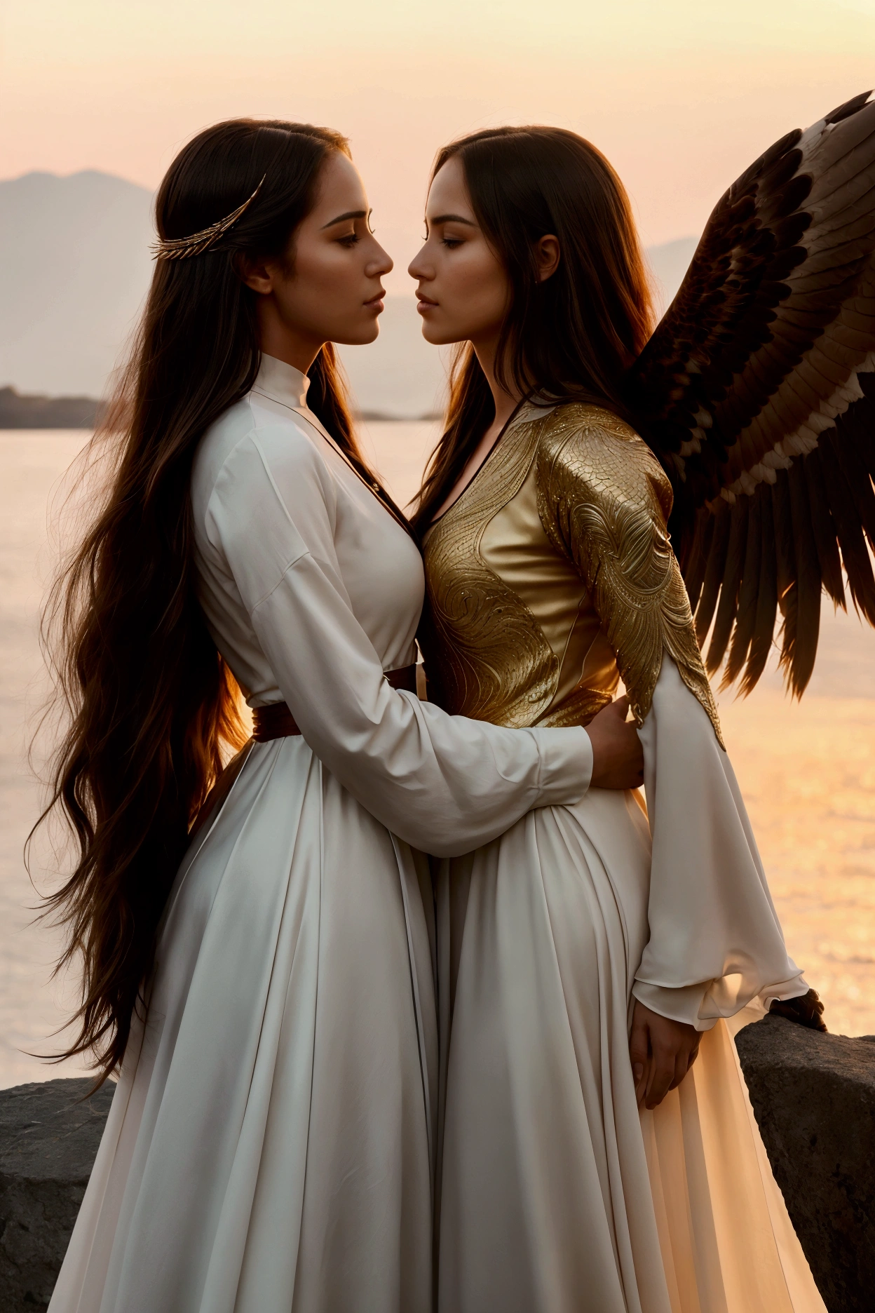 A beautiful, strong woman with flowing hair and a confident expression is standing close to a majestic eagle. The two share a moment of connection as they gently touch, their faces near each other, as if kissing. The woman wears an elegant, flowing outfit, and the eagle, with its sharp eyes and powerful wings, perches on her arm. The scene is set against a dramatic sunset, casting a warm, golden light over the pair, highlighting their bond and the sense of unity between human and nature."