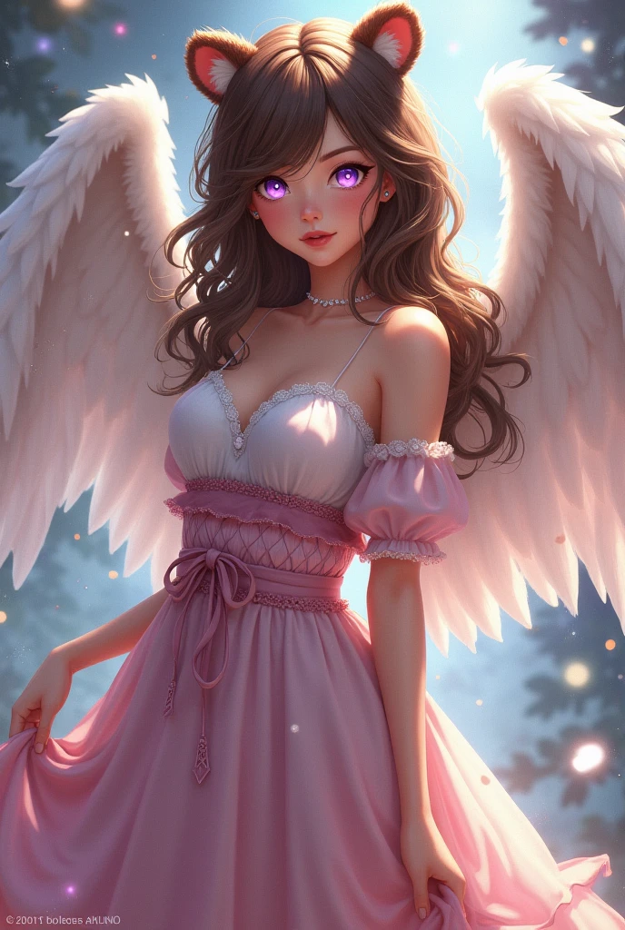 A girl with bear ears,The color of her hair is brown,the eyes are dark purple and bright,with a beautiful dress with pink at the bottom and white at the top and with angel wings and very large breasts