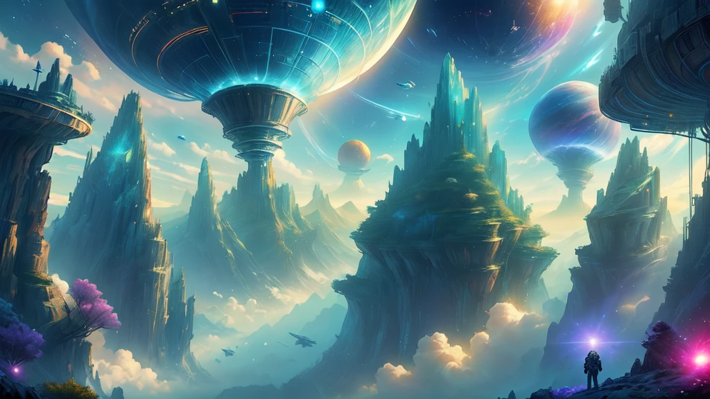12. A distant view of a space scene with a spiral galaxy, epic and beautiful space sci-fi, surreal space, cosmos infinito ao fundo, highly detailed digital art in 4k, space fractal gradient, galaxy space sci-fi, universe, fantasy space, cosmic space, dimension of infinite space, Space portal, interstellar vortex through time, multiverse portal, a spherical spaceship flying over a futuristic city with a mountain in the background, epic fantasy science fiction illustration, Sci-fi fantasy wallpaper, sci-fi digital art illustration, science fiction art, alien space ships, detailed sci-fi art, epic science fiction fantasy art, Science fiction digital painting, bela science fiction art, sci-fi augmentation, futuristic digital retro painting, sci-fi digital art, colorful dystopian futurism, por Sparth, spartan style, colorful concept art, digital concept art illustration
