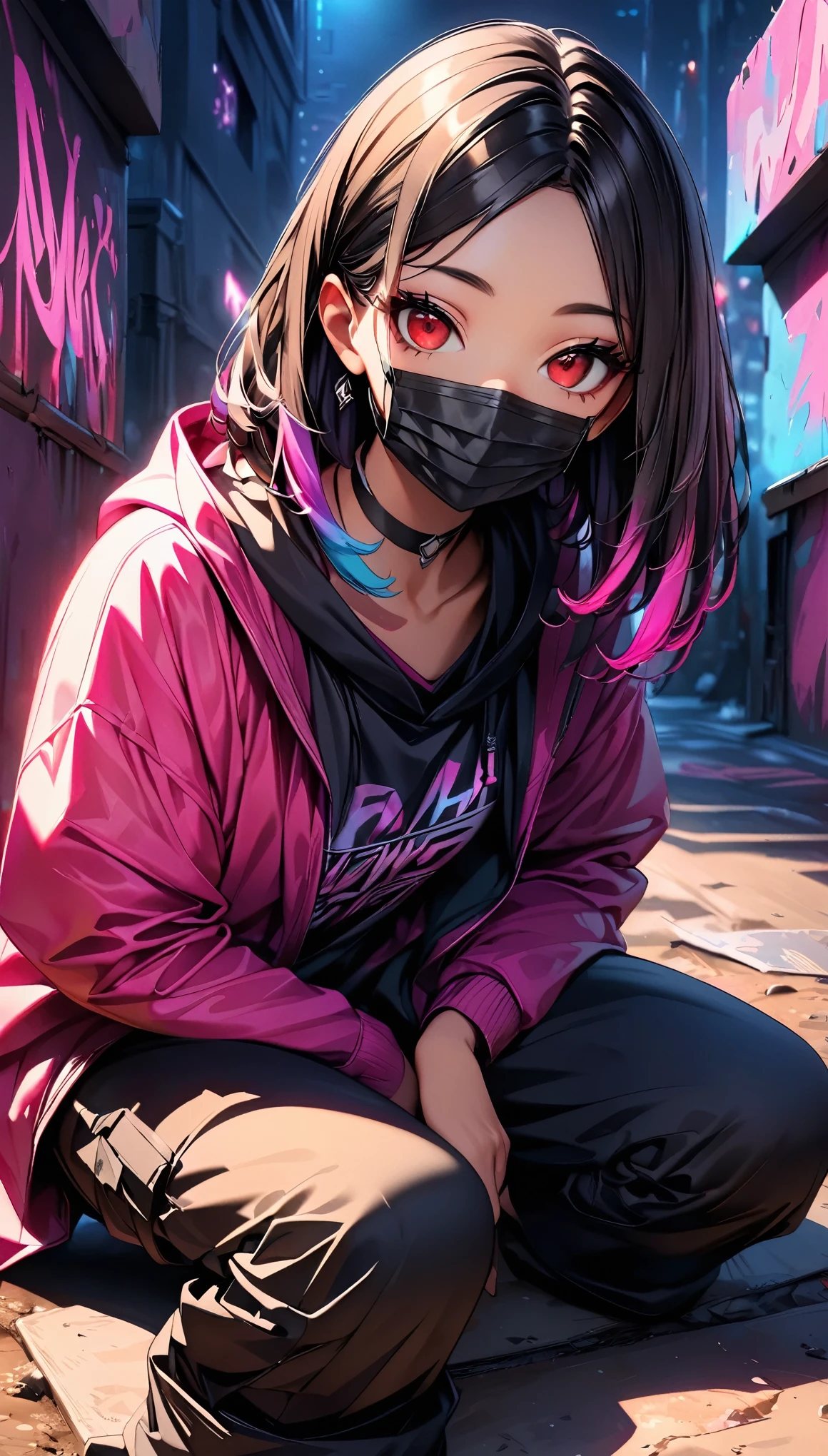 (Highest quality:1.2, Very detailed, up to date, Vibrant, Ultra-high resolution, High Contrast, masterpiece:1.2, Highest quality, Best aesthetics), (((1 person))), Light purple_Rainbow hair girl, Red eyes, Dreadlocks, Black surgical maskの着用, (Black surgical mask:1.2), at night, Colorful hoodies, Black oversized cargo pants, Black choker, (((Sit on the ground, Crouch down:1.4))), Painted walls. The background is a realistic dark slum, smile, Dark Theme, Neon Light, graffiti, at night, city, Dim lighting, mysterious, Glowing Skin, Random Pause:1.2, Perfect Fingers, Five Fingers, Anatomically correct, Background Blur.