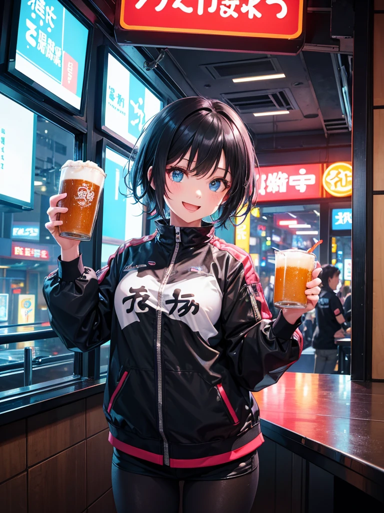 High resolution,Perfect Anatomy,Accurate anatomy,1 person ,Trending Hair,Trending Hair color,トレンドTシャツ

In a futuristic city of Tokyo, inside a cozy and modern izakaya, a joyful girl is holding a frosty mug of draft beer with both hands. She is laughing brightly, her face glowing with happiness. Neon lights from the cityscape and vibrant signs of the izakaya reflect off the glass windows. The girl has short black hair, styled neatly, and is wearing a casual outfit with a slight futuristic twist – like a sleek jacket and glowing accessories. The atmosphere around her is warm, lively, and full of cheer.