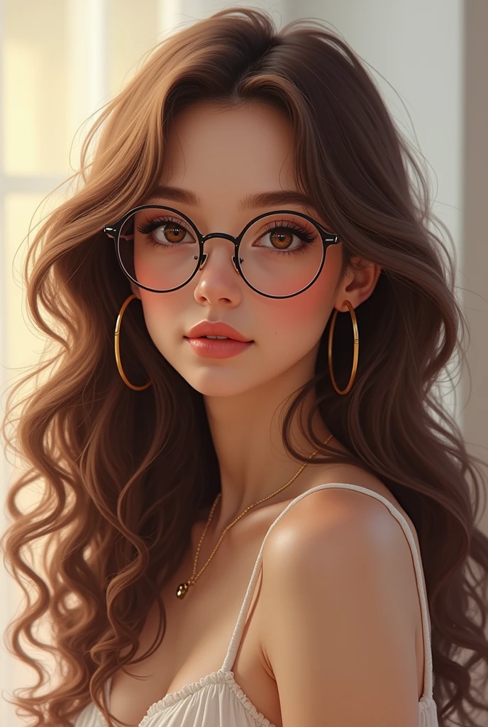 one with wavy brown hair and big loose curls, brown eyes and wears glasses, less realistic
longer hair