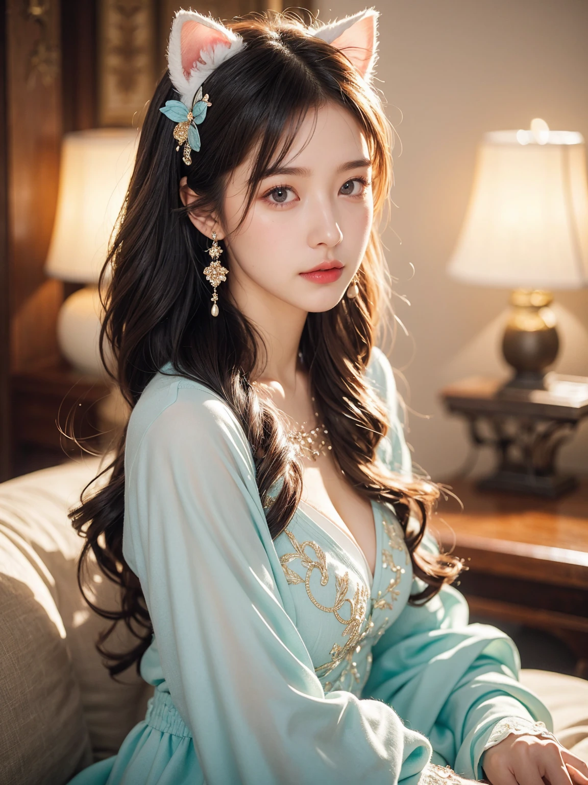 A young woman with long, wavy pastel-colored hair sits gracefully, dressed in an elaborate, fantasy-themed gown. The gown features a mix of soft pastel colors, including pink, blue, and lavender, adorned with sparkling embellishments and a large bow at the bust. She has a pair of large, fluffy cat ears on her head, matching her soft, fluffy tail. Her eyes are large and expressive, with a gentle and inviting expression. The scene is softly lit with a magical, dreamy ambiance, highlighting her smooth skin and the intricate details of her outfit. She wears delicate jewelry, including a butterfly hair clip, adding to the whimsical nature of her appearance. The background is soft and blurred, enhancing the ethereal feel of the image.