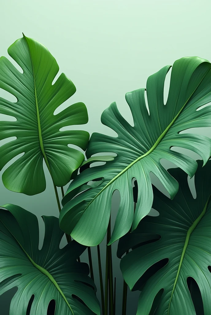 Large, dark green monstera leaves with water droplets in a horizontal rectangle 