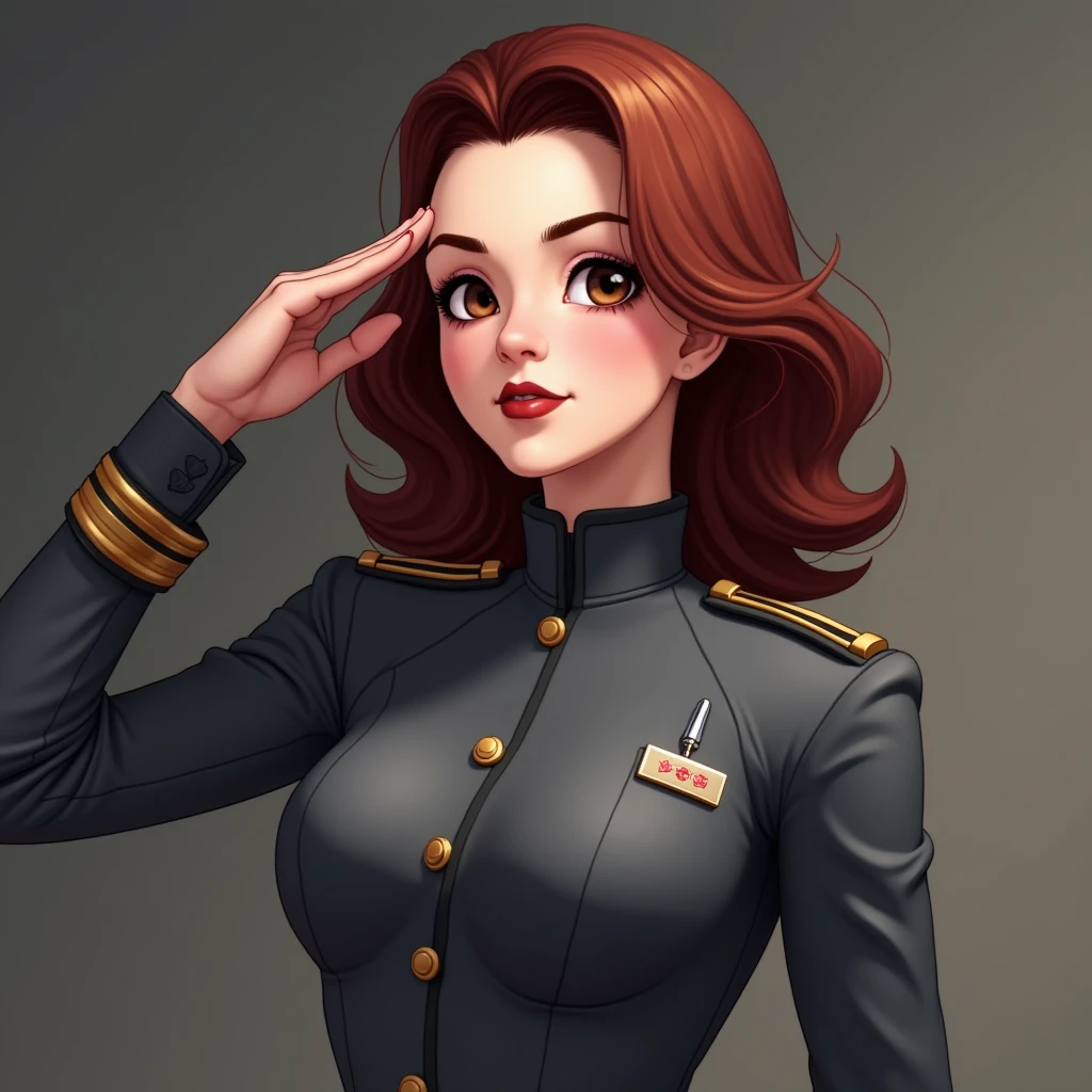 Earth Federation Forces。Lieutenant Matilda。Reddish brown hair。Gray military uniform。Dark Eyes。Red Rouge。
sexy。
Beauty。Beautiful breasts。Is saluting。File in her left hand。
masterpiece、Highest quality、8k、uhd、High definition、Fine skin quality。
From the waist up