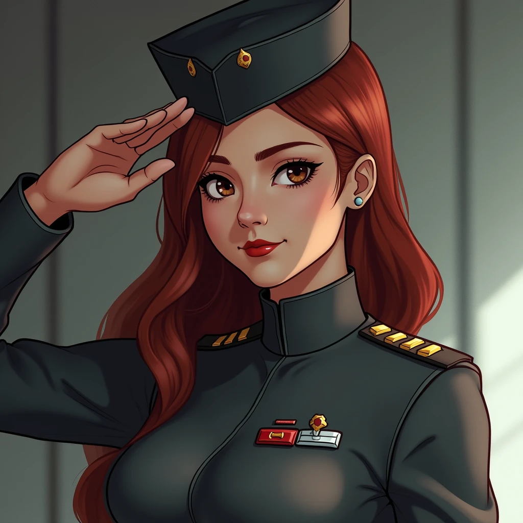 Earth Federation Forces。Lieutenant Matilda。Reddish brown hair。Gray military uniform。Dark Eyes。Red Rouge。
sexy。
Beauty。Beautiful breasts。Is saluting。File in her left hand。
masterpiece、Highest quality、8k、uhd、High definition、Fine skin quality。
From the waist up