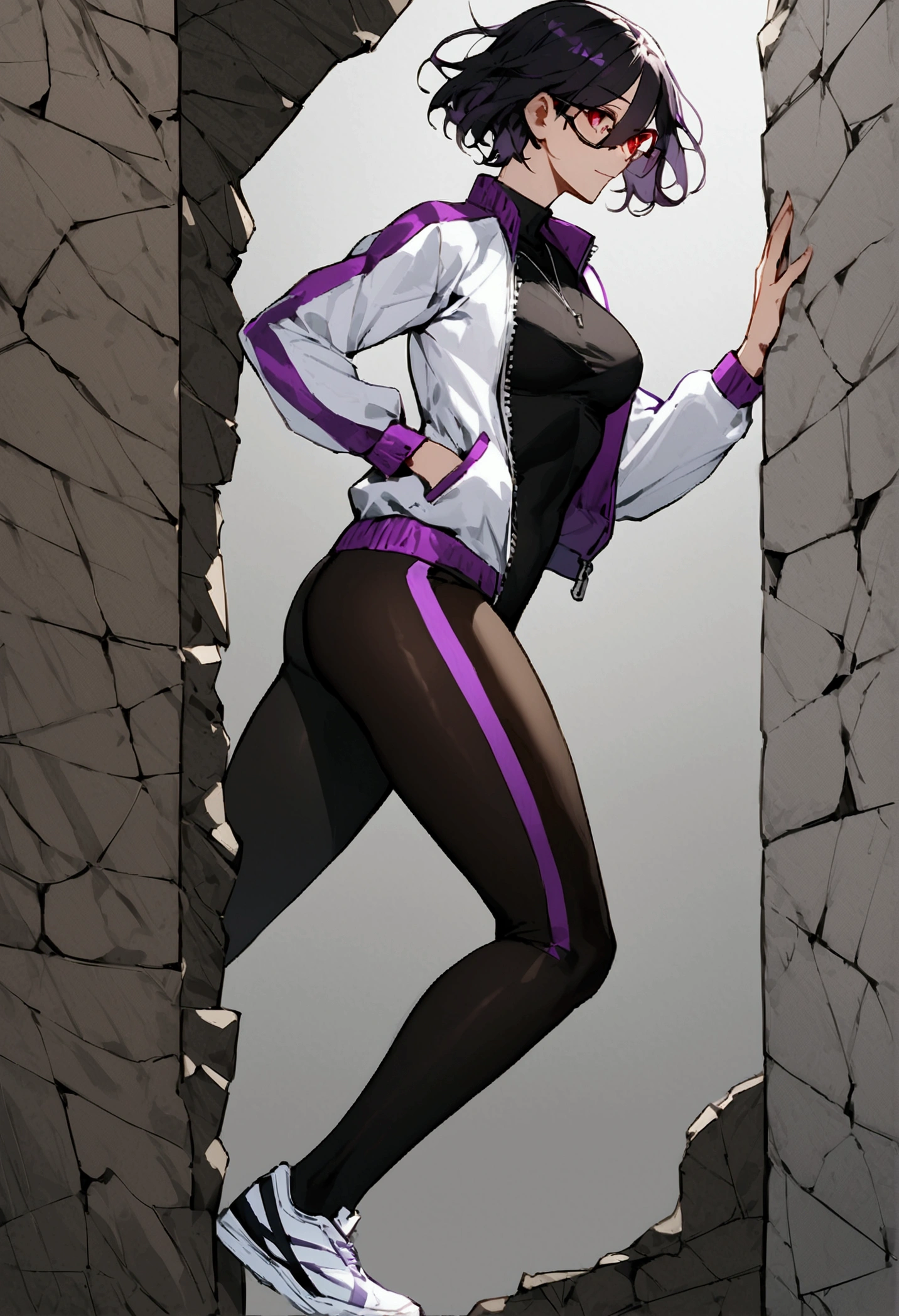 standing,alone,leaning against a broken wall,short hair,work of art,face detailed,beautiful young fitness woman with , in a gym wearing May with black pantyhose, white and purple tight short gym jacket. standing alone,red eyes glowing,Evil smile,legging preto ,labiaa,dark eye shadow,shining eyes,a hand leaning against the wall,neckleace,jacket zipper half open,Tight black shirt,white sports tennis shoes,short hair with purple details,beautiful curves,whole body,hair with purple details,labiaa,detailed face and eyes,work of art,sexy look,pefil from sideways,from sideways,wind in your hair,fully body,glasses on eyes
