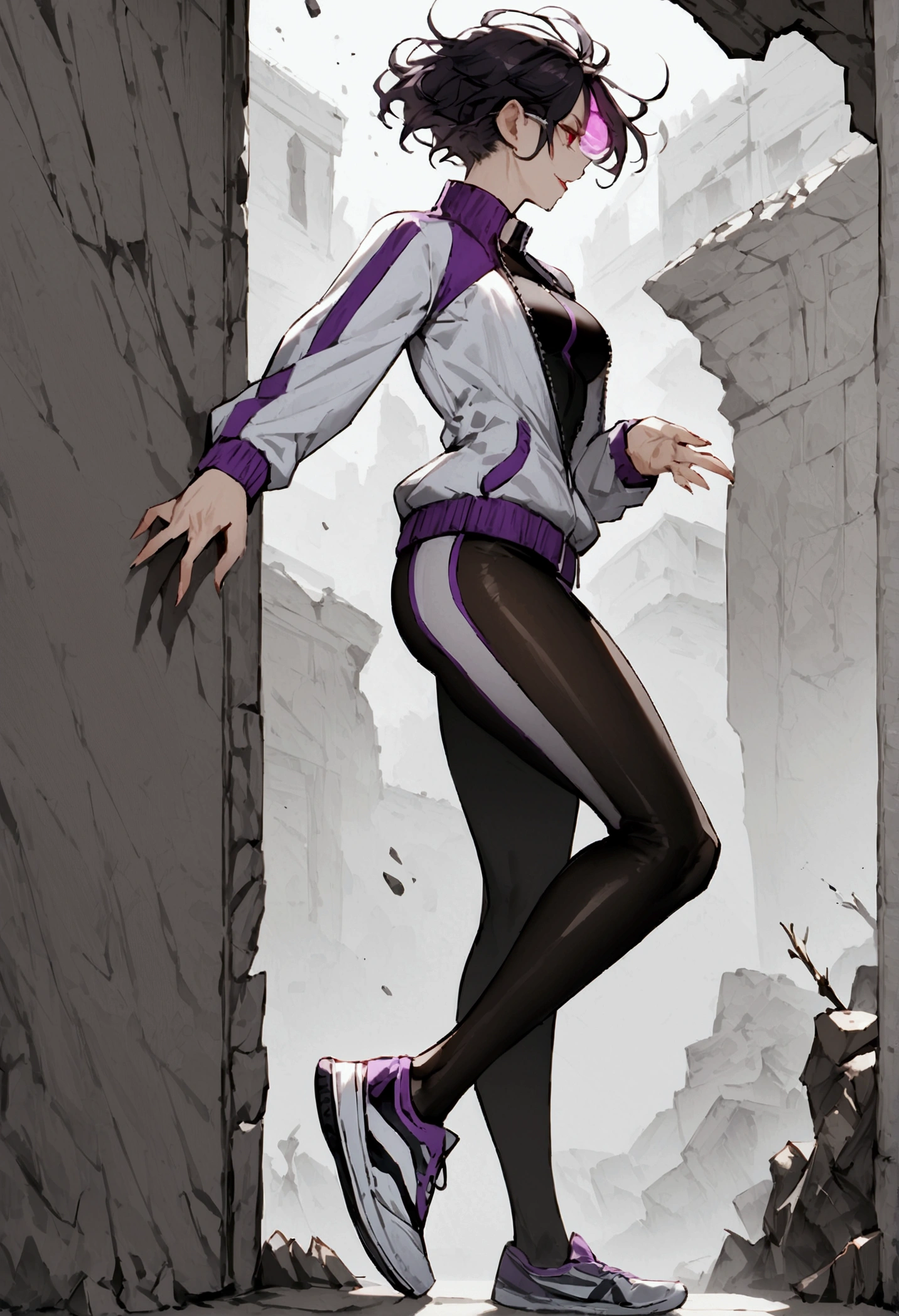 standing,going,sprinting,alone, broken wall,short hair,work of art,face detailed,beautiful young fitness woman with , in a gym wearing May with black pantyhose, white and purple tight short gym jacket. standing alone,red eyes glowing,Evil smile,legging preto ,labiaa,dark eye shadow,shining eyes,neckleace,jacket zipper half open,Tight black shirt,white sports tennis shoes,short hair with purple details,beautiful curves,whole body,hair with purple details,labiaa,detailed face and eyes,work of art,sexy look,pefil from sideways,from sideways,wind in your hair,fully body,glasses on eyes