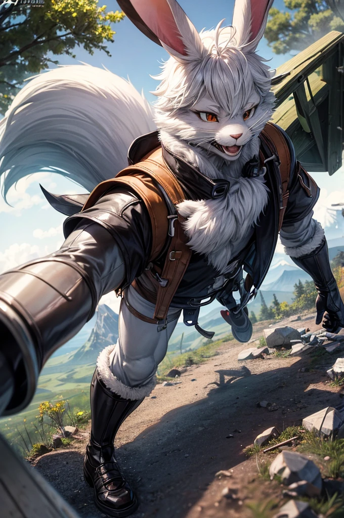 Bugs Bunny, gloves, male, Alone, rabbit, dientes de rabbit, field, Long ears, gray body, gray fur, White skin, furry, anime style, anime screencap, 2024 decade_\(style\), smile, forest, Upper part of the body, ropa de explorer, binoculars, muscles, muscular, trees, mountains, abandoned house, explorer, green grass, muscular, sucked, strong