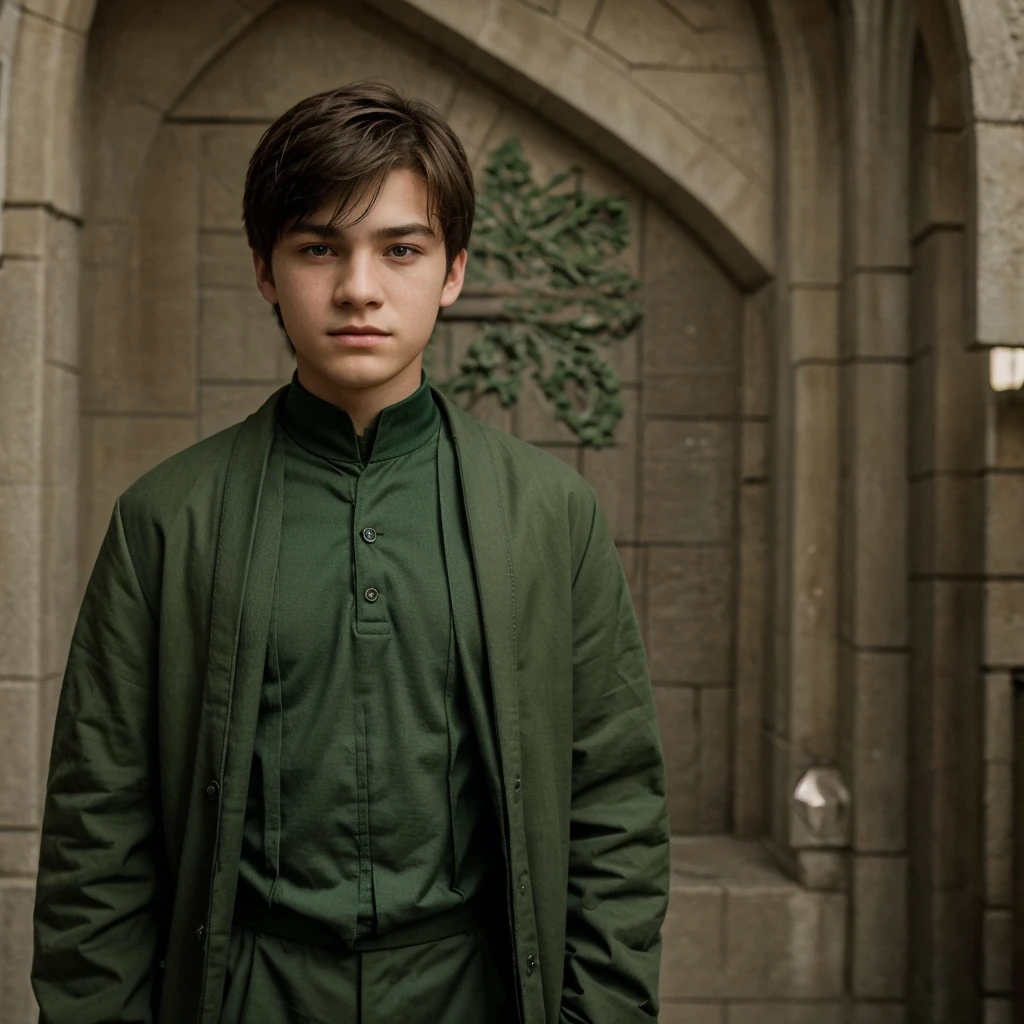 A 16 year old boy who is dressed in a Slytherin uniform from harry potter