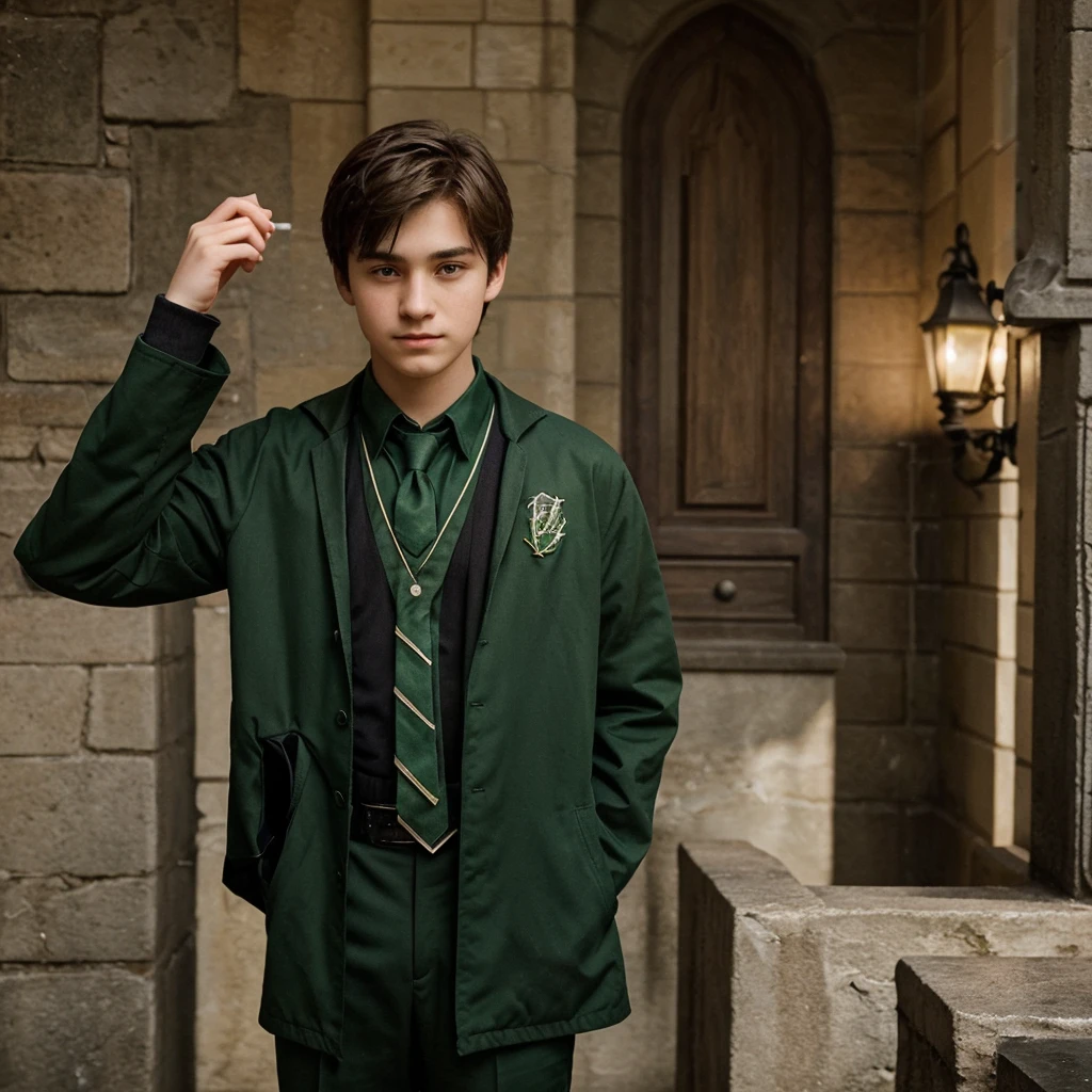 A 16 year old boy who is dressed in a Slytherin uniform from harry potter
