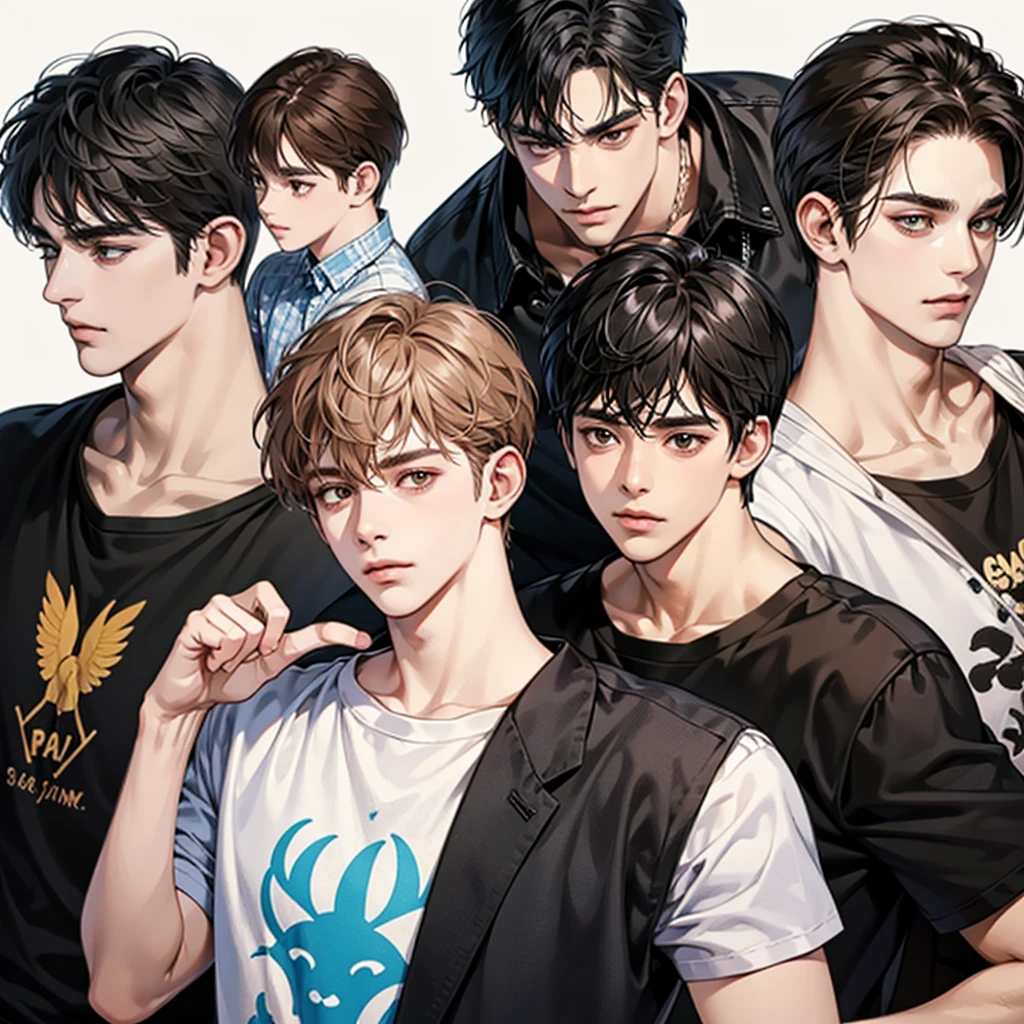 4 men, black hair, brown eyes, Sharp features, perfect, t-shirt, simple background, Stationary face, shut your mouth, handsome, cool, Stand in line, friend, brown hair,