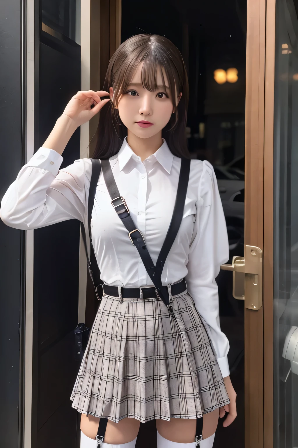 1 female, , high quality, masterpiece, Ultra-high resolution, Cinema Lighting, 1 female, , high quality, masterpiece, Ultra-high resolution, , Cinema Lighting, suspenders　　　Moderate breasts　 　 　　　　　 　　　　Small face　 　　　　　　　　　　　Looking up　　　　Sweat 　　　Thin belt　buzzer　脇Sweat 　　　　 　garter belt　　Belt on pants　　holster　 　　Hands behind your back　 　Looking up　Anxious face　Knee-high　Knee socks　Knee-highソックス 　garter　ふとももにgarter belt　Checkered mini skirt　 　　Panty shot　Skirt gap Armament　　　holster　holster 　　Hands behind your back　 Anxious expression　　Anxious face, legs apart　Armament　　Leg Holster　holster　See-through clothing　heavy rain　Rain-soaked dress shirt,Moderate breasts　ガーターbelt　suspenders　Garter on the thigh　Checkered mini skirt　Looking up　Pause　belt　Armpit sweat　Hands behind back　Raise your hands
