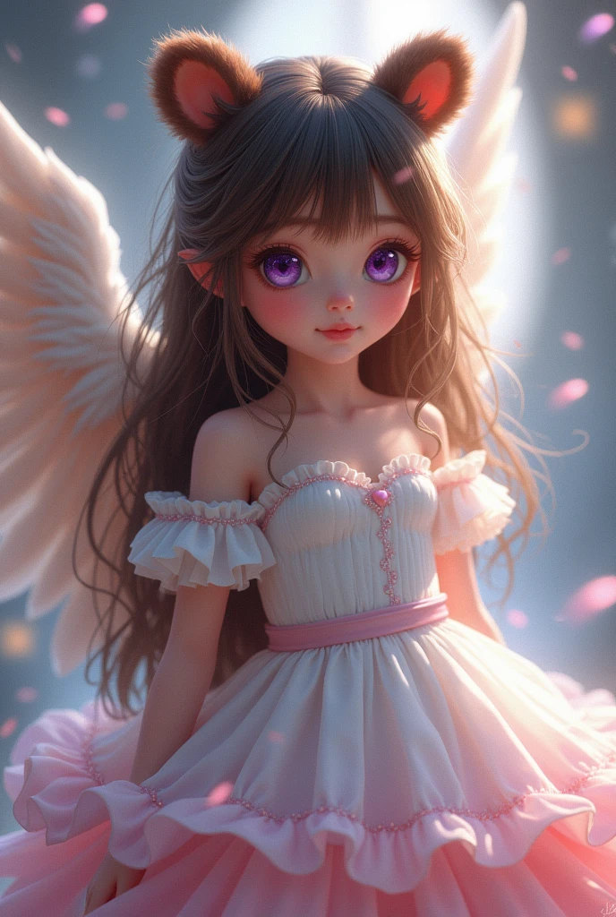 A girl with bear ears,The color of her hair is brown,the eyes are dark purple and bright,wearing a beautiful dress, pink on the bottom, white on top, with angel wings and large breasts
