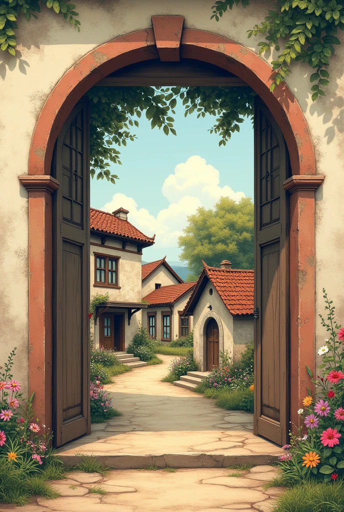 Can you give me a design that is considered old? It has a door and a door that is open. In the middle of it are old houses and next to the door are small trees and flowers. It is a design.