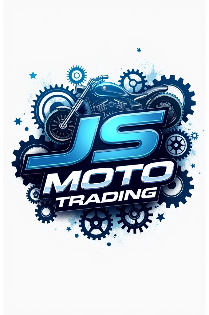 Logo named JS MOTO TRADING, color blue, background are parts of motor and different motor
