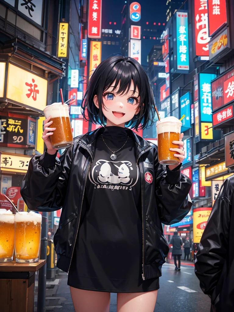 High resolution,Perfect Anatomy,Accurate anatomy,1 person ,Trending Hair,Trending Hair color,トレンドTシャツ
In a futuristic city of Tokyo, inside a cozy and modern izakaya, a joyful girl is holding a frosty mug of draft beer with both hands. She is laughing brightly, her face glowing with happiness. Neon lights from the cityscape and vibrant signs of the izakaya reflect off the glass windows. The girl has short black hair, styled neatly, and is wearing a casual outfit with a slight futuristic twist – like a sleek jacket and glowing accessories. The atmosphere around her is warm, lively, and full of cheer.