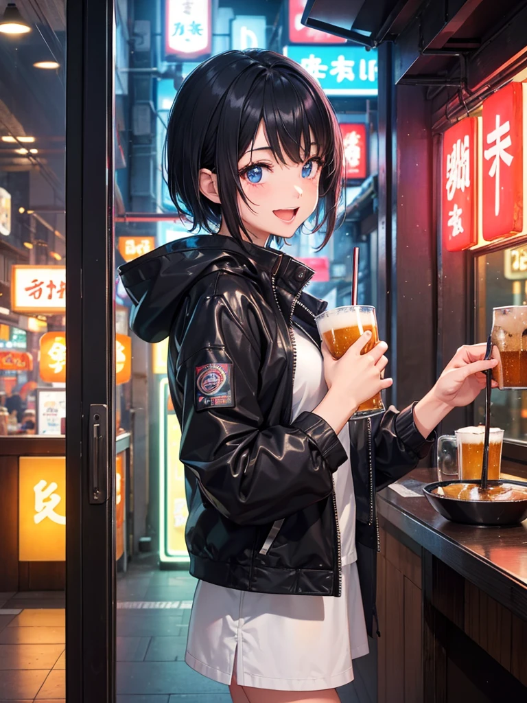 High resolution,Perfect Anatomy,Accurate anatomy,1 person ,Trending Hair,Trending Hair color,トレンドTシャツ

In a futuristic city of Tokyo, inside a cozy and modern izakaya, a joyful girl is holding a frosty mug of draft beer with both hands. She is laughing brightly, her face glowing with happiness. Neon lights from the cityscape and vibrant signs of the izakaya reflect off the glass windows. The girl has short black hair, styled neatly, and is wearing a casual outfit with a slight futuristic twist – like a sleek jacket and glowing accessories. The atmosphere around her is warm, lively, and full of cheer.
