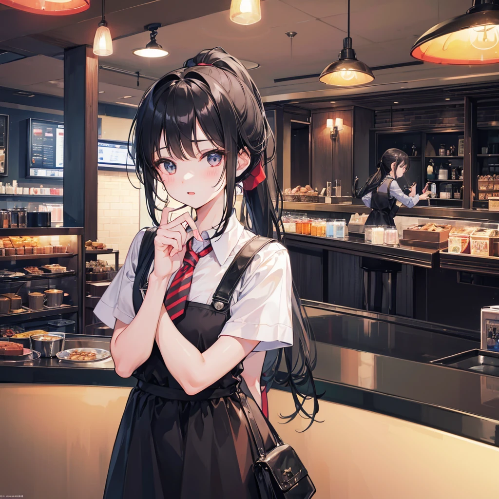 Girl, black hair, older sister, tie her hair in a ponytail and laugh at the speaker, high-quality picture, masterpiece, beautiful girl, cafe,